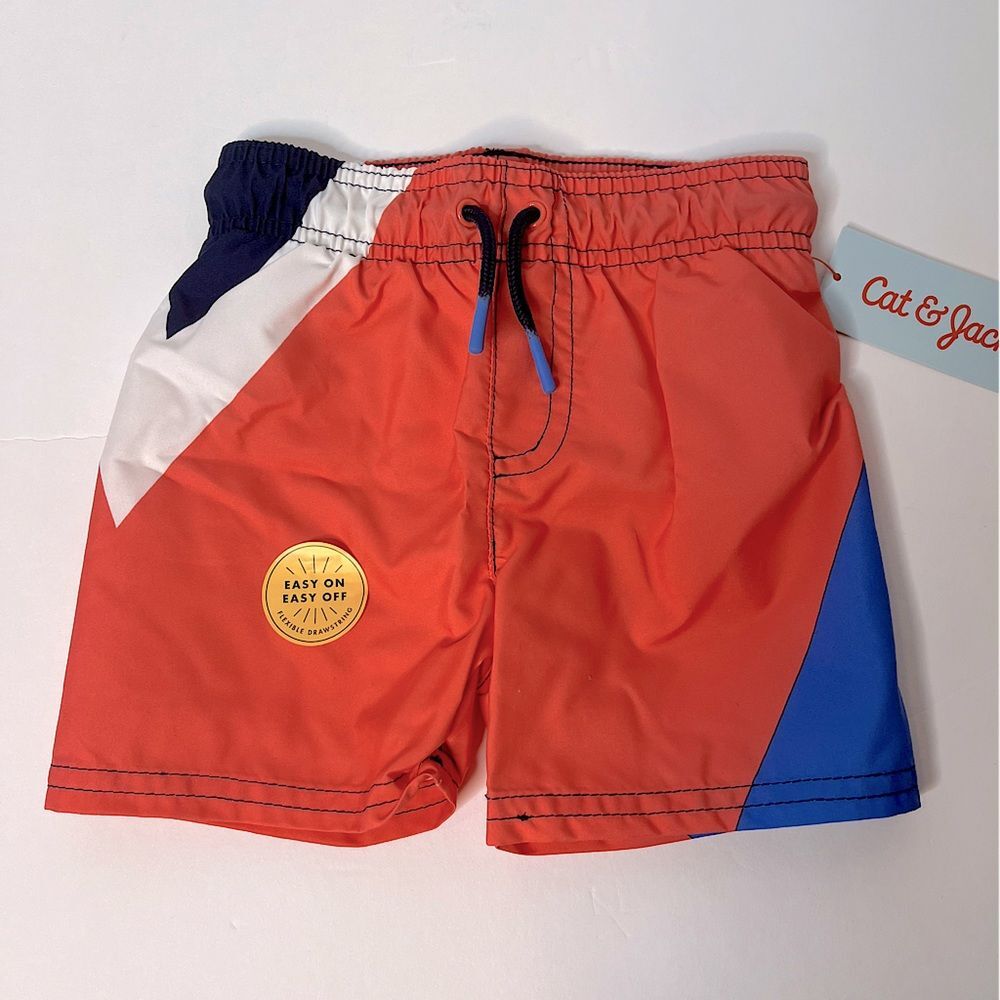 Cat & Jack Boys Swim Trunks Colorblock Red Blue Quick Dry Board Shorts 18M New!